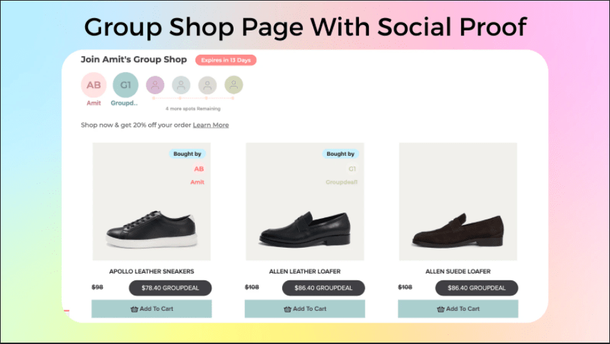 Group shop page with social proof