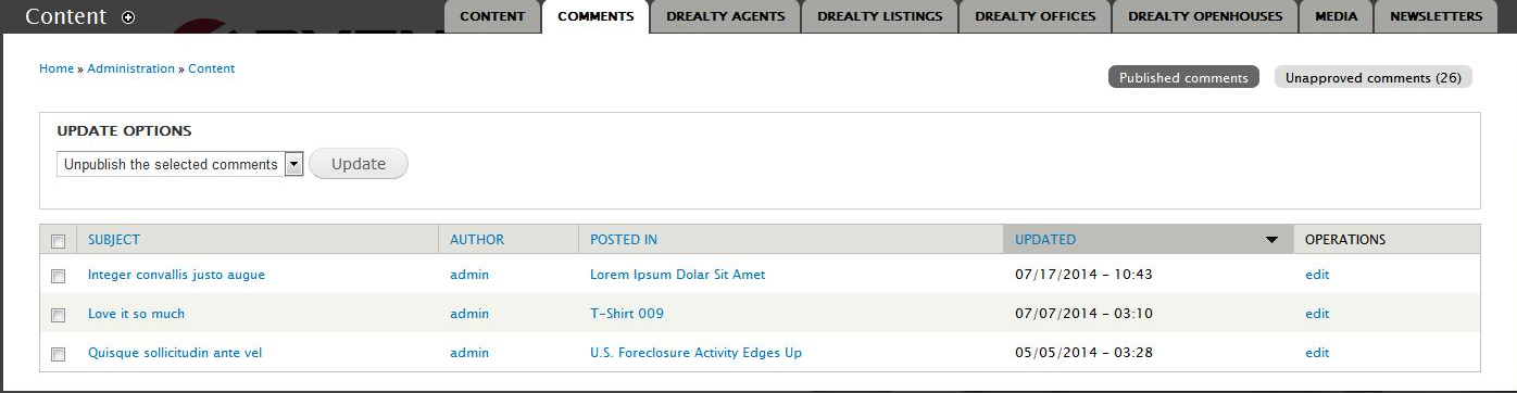 View, edit, delete, publish and unpublish the selected comments