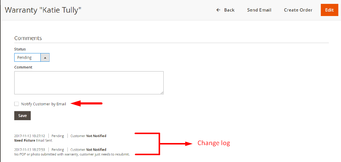 magento warranty notifications