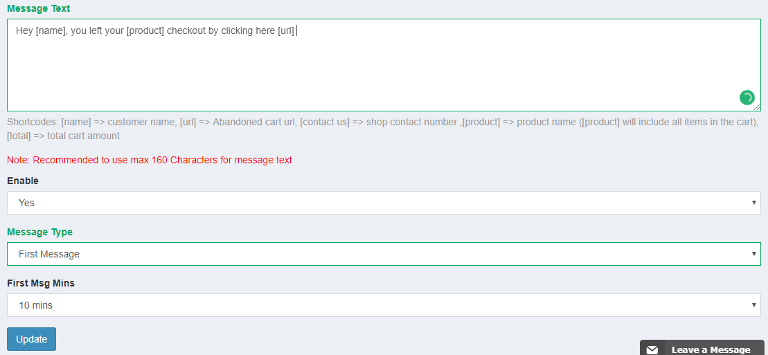 cart recovery app message option