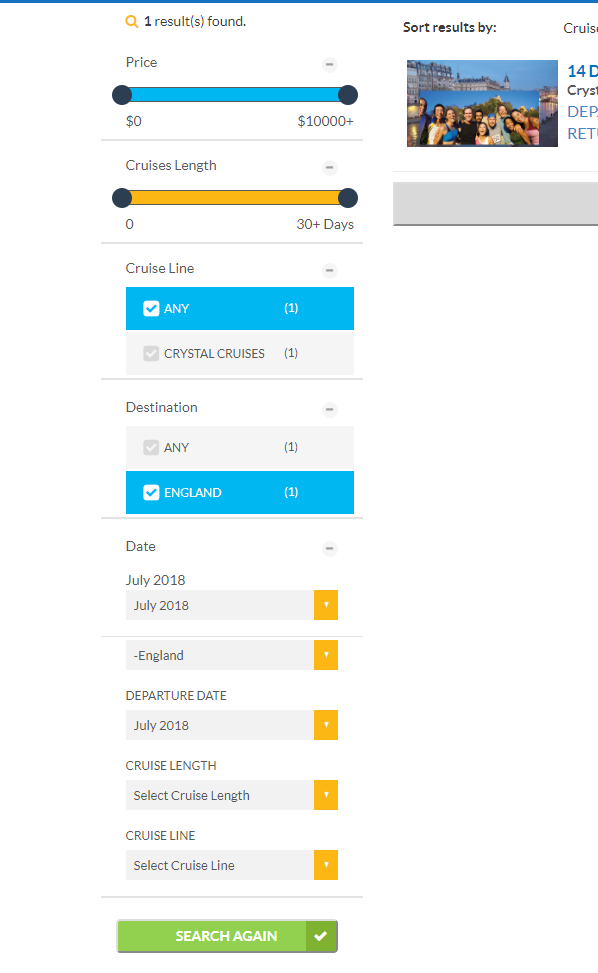 travel portal search filters