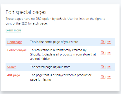 Shopify special pages SEO