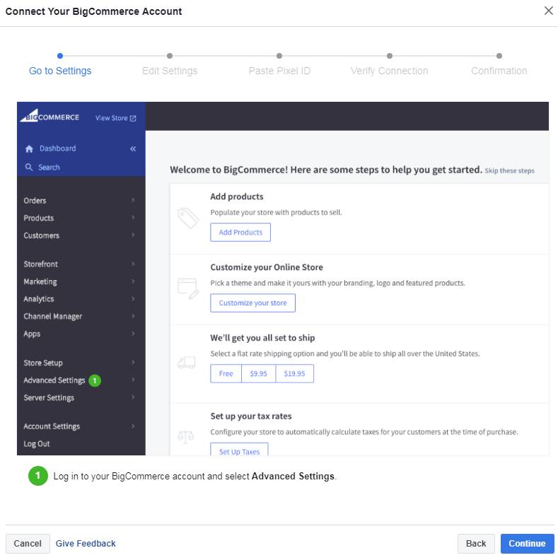 Connecting BigCommerce with Facebook step 1