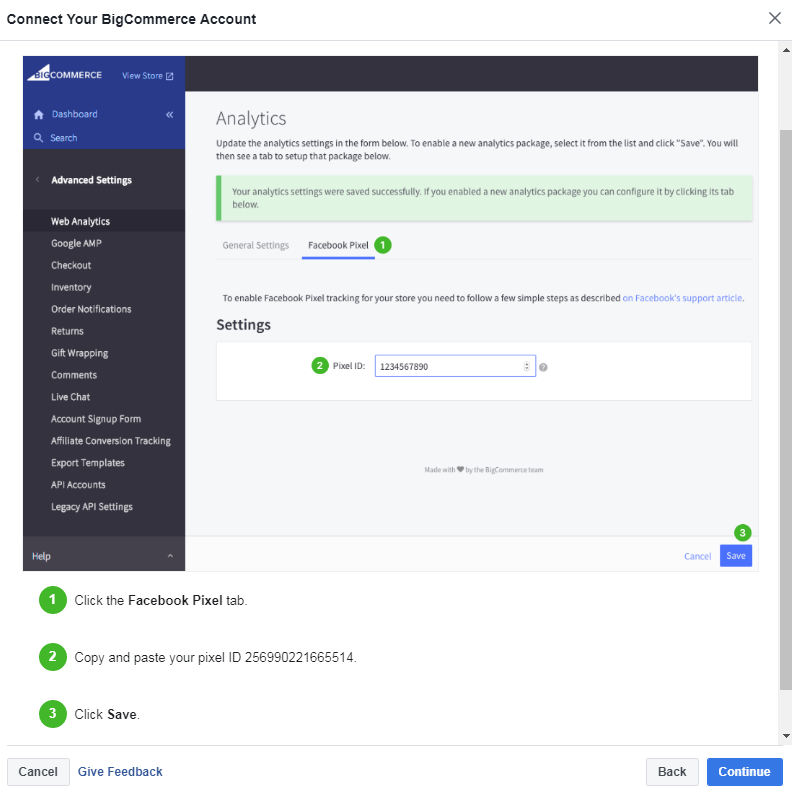 Connecting BigCommerce with Facebook step 3