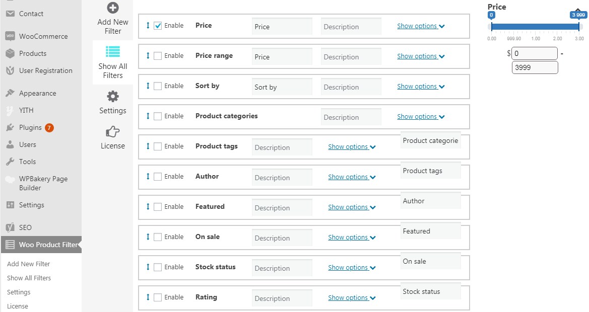 Price filtering option