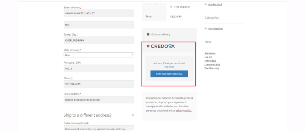 Credova payment method plugin in WooCommerce