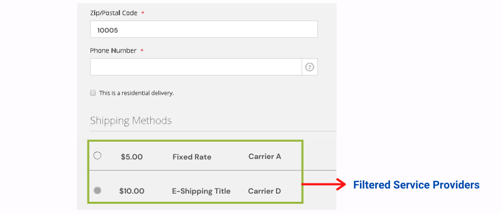 filtered carriers in cart page