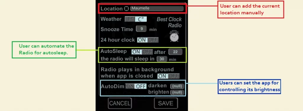 radio clock app Settings